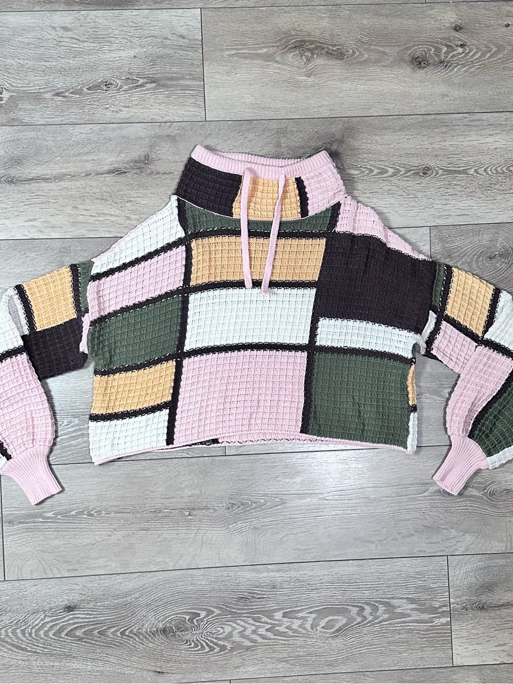 Gilded Intent Buckle Funnel Neck Cropped Checkered Patchwork Sweater - Picture 6 of 15